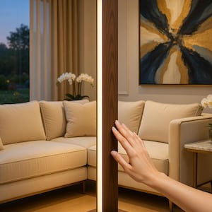 May include: A tall, rectangular floor lamp featuring a dark brown wood-grain finish and a vertical, integrated LED light strip running along the front face. The lamp is mounted on a square base and emits a warm, soft glow from the light panel.