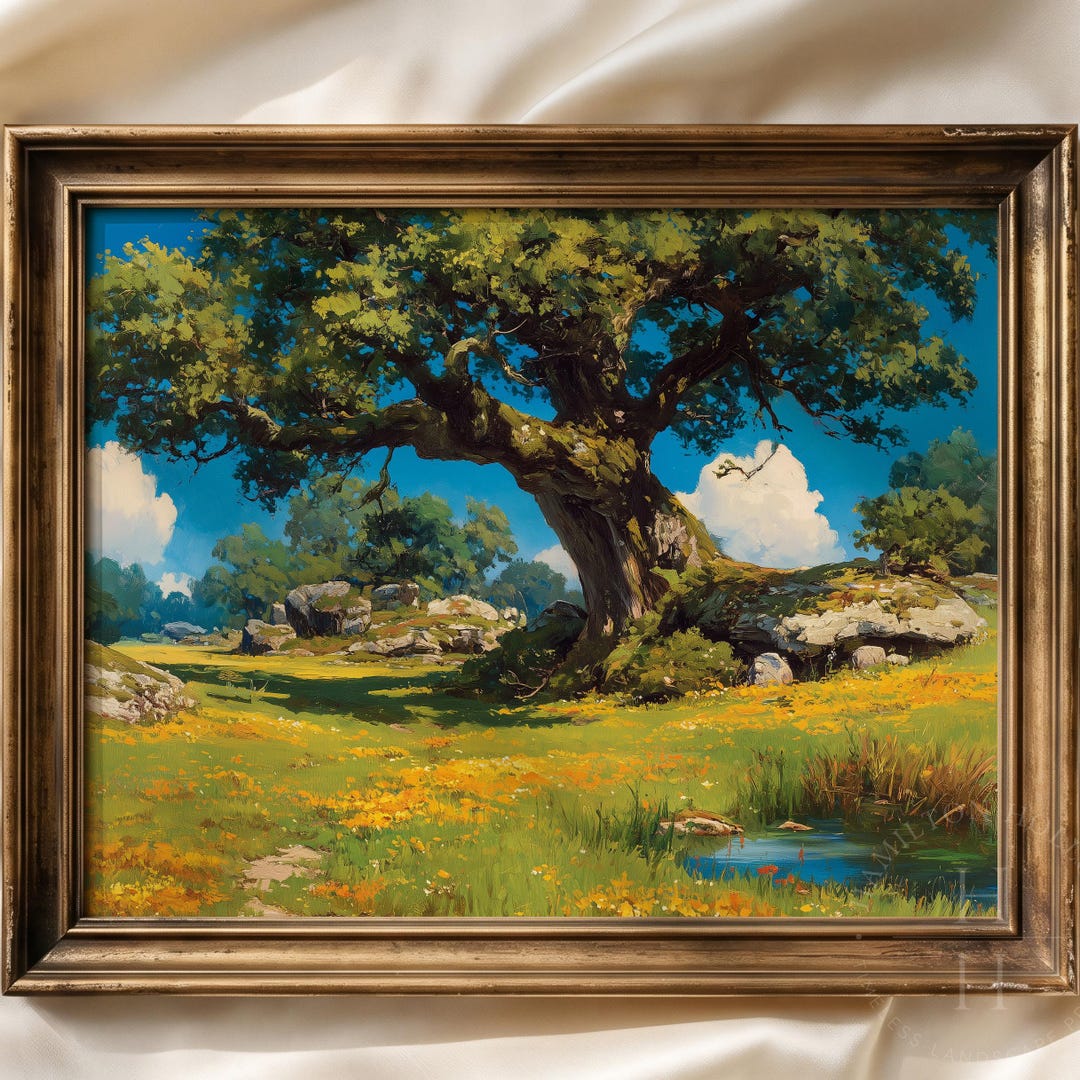 ancient-oak-tree-printable-wall-art-sunny-meadow-landscape-painting-etsy
