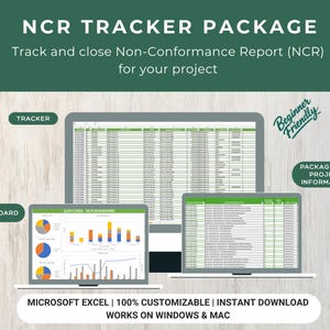 May include: An NCR Tracker Package digital template for Microsoft Excel. The display shows a large spreadsheet, a dashboard with pie and bar charts, and a project information list. Text includes NCR TRACKER PACKAGE, TRACKER, DASHBOARD, and BEGINNER FRIENDLY.