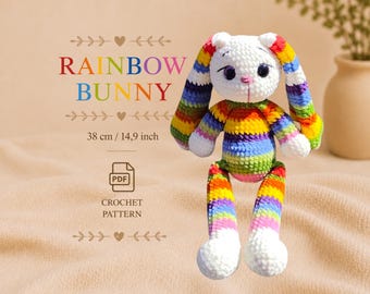 Häkelanleitung für Hasen, Plüschtier Regenbogen Hase, Amigurumi Häkelanleitung, flauschige Häkelanleitung