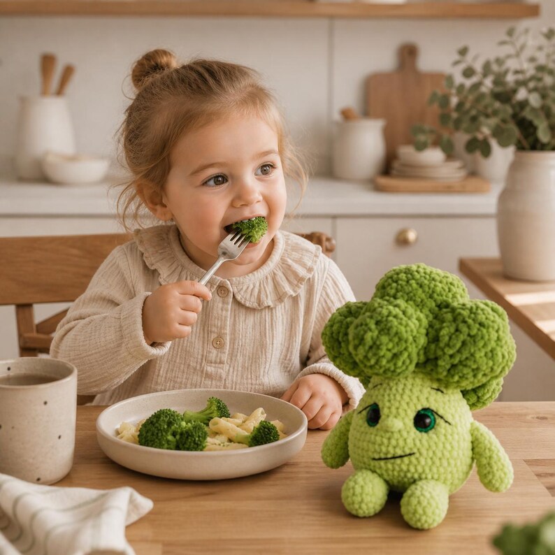 K&ouml;nnte beinhalten: Ein Kind isst Brokkoli von einer Gabel, mit einem Teller Pasta und Brokkoli auf dem Tisch. Eine gr&uuml;ne geh&auml;kelte Brokkoli-Figur mit einem l&auml;chelnden Gesicht sitzt in der N&auml;he. Die Szene spielt in einer hellen K&uuml;che.