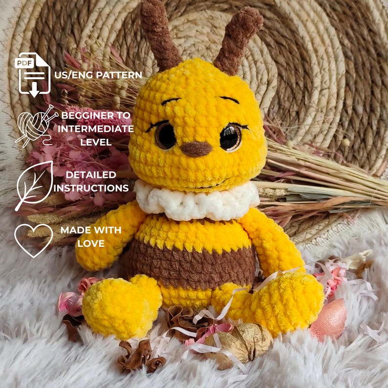 Bee Crochet Pattern PDF, Amigurumi Bee Plush Pattern, Cute Bumble Bee Toy, Easy Crochet Animal, Stuffed Bee Tutorial, Instant Download image 2