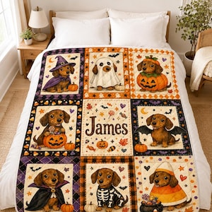 May include: A quilted blanket featuring a grid of nine panels with illustrations of dachshunds in various Halloween costumes, including a ghost, a pumpkin, a vampire, and a skeleton, with the name James printed in the center panel.