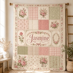 May include: A rectangular patchwork quilt featuring a cream background with various blocks displaying pink roses, green floral patterns, pink gingham, and stripes. The center block displays the name Jasmine in cursive script with a heart and bow.