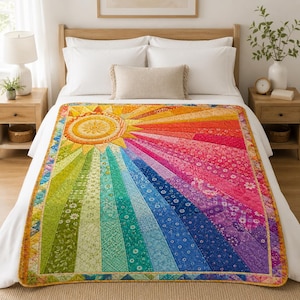 Puede incluir: Una colcha rectangular con un diseño de rayos de sol vibrantes en un espectro de colores que incluye amarillo, naranja, rojo, rosa, morado, azul y verde. La colcha está compuesta por varias tiras de tela estampadas y motivos florales.