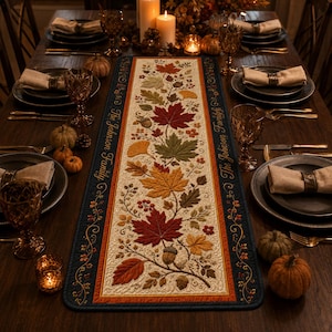 Autumn Leaves Quilted Table Runner, Fall Maple Leaf and Acorn Table Decor, Thanksgiving Dining Room Centerpiece