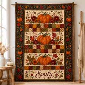 Personalized Pumpkin Quilt Blanket, Custom Name Autumn Patchwork Fall Decor