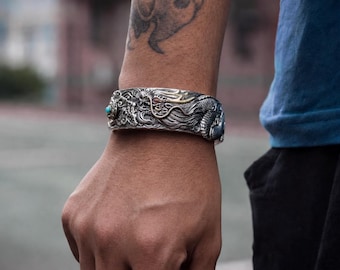Mythic Dragon Cuff Bracelet, Handmade Tibetan Sterling Silver Open Bangle, Eastern Cloud Relief , Vintage Antique Statement Jewelry for Men