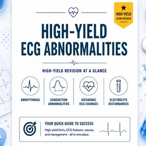 Peut inclure: A medical poster on ECG abnormalities with illustrations of heart rhythms, a stethoscope, and an ECG analysis checklist. The text reads: "Know it. Recognise it. Treat it."