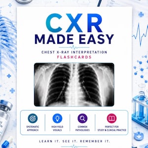 Könnte beinhalten: Ein medizinisches Lernprodukt mit dem Titel "CXR Made Easy" wird gezeigt. Das Bild zeigt ein Röntgenbild der Brust, medizinische Geräte und den Text "Chest X-Ray Interpretation Flashcards". Das Produkt verspricht einen systematischen Ansatz und hochwertige Visualisierungen.