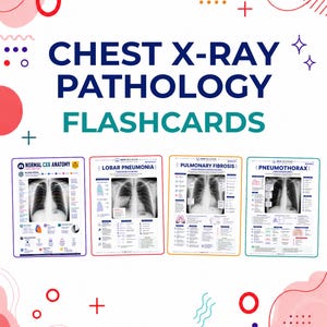 Op de afbeelding: Een set van vier educatieve flashcards met de titel CHEST X-RAY PATHOLOGY FLASHCARDS. Elke kaart bevat een medische röntgenfoto van de borstkas met beschrijvende tekst en diagrammen over normale anatomie, lobaire pneumonie, longfibrose en pneumothorax.