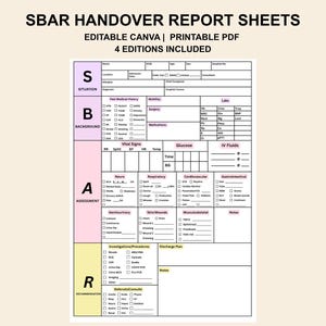 May include: A medical SBAR handover report sheet template featuring sections for Situation, Background, Assessment, and Recommendation. The document includes checkboxes for patient history, vital signs, and clinical assessments in a structured grid layout.