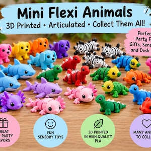 May include: A collection of small, multi-colored 3D printed articulated animal figures including dogs, sharks, zebras, and dinosaurs. The image features text reading Mini Flexi Animals, 3D Printed, Articulated, Collect Them All, and other descriptive phrases.