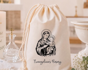Gepersonaliseerde rozenkranstas, bedankzakje eerste communie, zakje doopcadeau, katholieke katoenen zak met trekkoord, religieuze aandenkentas voor meisjes