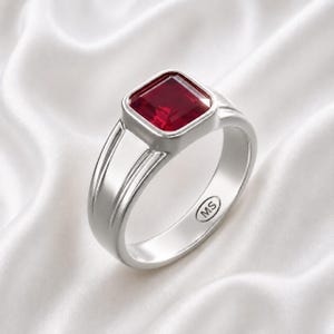 925 Sterling Silver Square Lab Created Ruby Ring For Men Gold Band Red Gemstone Statement Rings Minimalist Ring Wedding Ring Gifts For Hi