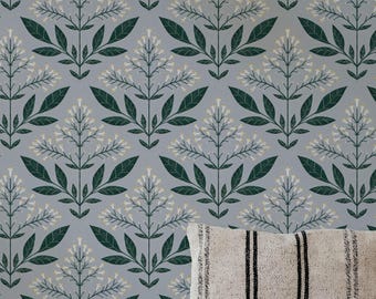 Symmetrical Floral in Blue for Modern Scandi Home, Elegant Peel and Stick Wallpaper, Girls Bedroom