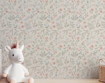 Wildflower Wallpaper – Botanical Floral Foliage – Soft Pastel Sage Green Colors