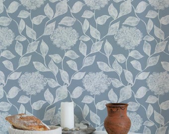 Blue Hydrangea Floral Minimalist Peel and Stick Wallpaper