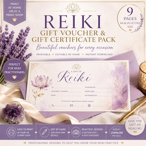 Può includere: Un pacchetto di buoni regalo e certificati Reiki con illustrazioni di fiori di loto ad acquerello viola e dettagli dorati. Il documento include campi per destinatario, mittente, trattamento, numero del buono, data di scadenza e contatti.