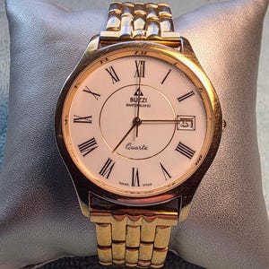 Vintage Buzzi Switzerland Mens Quartz Dress Watch - Gold Tone, Roman Numerals, Date, New Battery, 35mm, Good