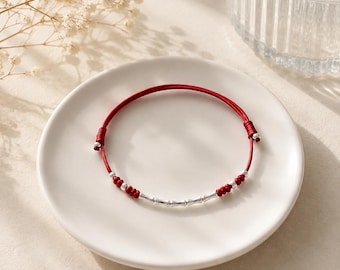 925 Dainty Red String Bracelet: Silver Bamboo Beads - Minimalist Lucky Charm