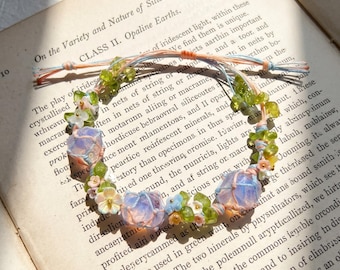 Woven Rope Bracelet with Raw Crystals and Pastel Flowers – Botanical Fairycore Jewelry