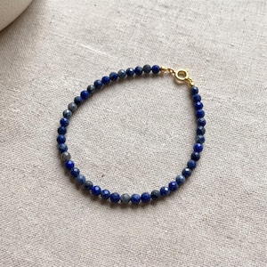 Dainty Lapis Lazuli Bracelet - 2mm Faceted Blue Gemstone Minimalist Beaded Jewelry