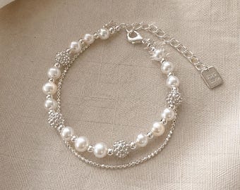 Pulsera de doble hebra con perlas de imitación - Elegante cristal chapado en plata