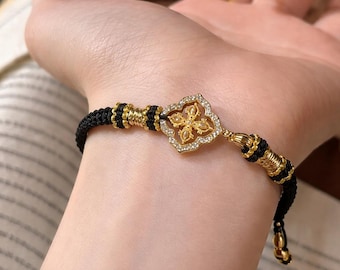 Bracelet tressé noir fait main : bijoux de tous les jours vintage en or double croix de Vajra