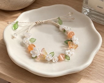 Beaded Flower Bracelet - Braided Butterfly Cord Jewelry for Her