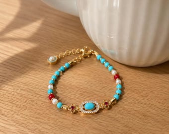 Bracelet turquoise délicat : chaîne de perles de style vintage plaquée or 24 carats avec accents de perles