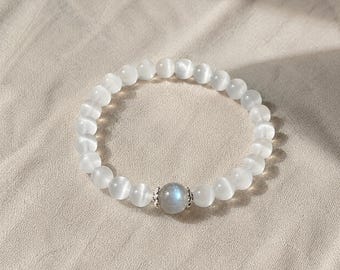 Bracelet oeil de chat avec pierre de lune grise - Bijoux d'amitié délicats
