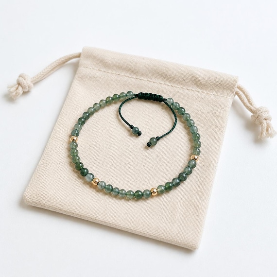 Natural Moss Agate Bracelet - Dainty 4mm Beaded Adjustable Braided Jewelry