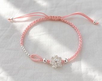 Bracelet cordon fleur en argent : bijoux d'amitié minimalistes tressés réglables