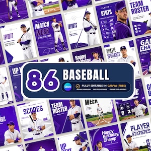 Mallar för sociala medier för baseboll, lila | 82 redigerbara sportgrafik | Spelarlista för ungdomslag i rampljuset