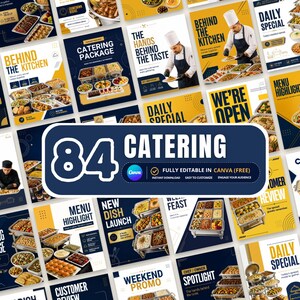 Könnte beinhalten: Eine Sammlung digitaler Marketingvorlagen für Catering-Dienste in einem dunkelblauen und gelben Farbschema. Die Designs enthalten Text wie 84 CATERING, BEHIND THE KITCHEN, DAILY SPECIAL und MENU HIGHLIGHT und zeigen verschiedene Speisenpräsentationen.