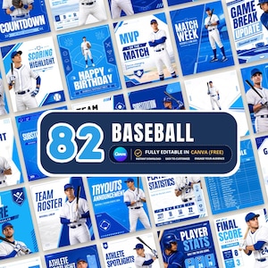 Può includere: Una collezione di ottantadue modelli digitali per social media a tema baseball con schemi di colori blu e bianchi. I design includono vari layout per presentazioni di giocatori, aggiornamenti di partite, rose e statistiche.