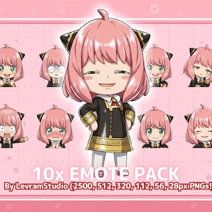 Puede incluir: Una ilustración de Anya Forger, un personaje de dibujos animados, con diversas expresiones faciales. La imagen, sobre un fondo rosa, se titula "10x EMOTE PACK" e incluye las dimensiones y el nombre del creador.