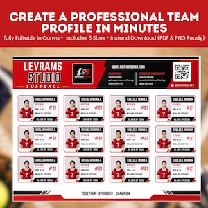 May include: A digital template for a professional softball team profile featuring a red, black, and white color scheme. The layout includes a header with the text Levrams Studio Softball, contact information, a QR code, and twelve individual player cards with placeholders for photos, names, positions, jersey numbers, GPA, NCAA IDs, and graduation years.