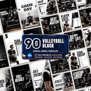 May include: A collection of 90 black and white volleyball social media templates featuring action shots of athletes, team rosters, player stats, and game day graphics. The central label reads 90 VOLLEYBALL BLACK SOCIAL MEDIA TEMPLATE.
