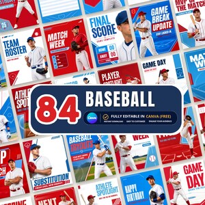 Könnte beinhalten: Eine Sammlung von 84 Social-Media-Vorlagen zum Thema Baseball mit Spielern in weißen Uniformen, rot-blauen Farbschemata und fettgedruckten Texten wie MVP OF THE MATCH, FINAL SCORE und GAME DAY, die für die digitale Bearbeitung bestimmt sind.