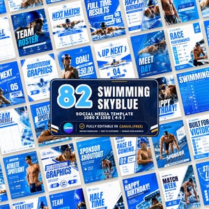 Könnte beinhalten: Eine Sammlung von 82 Social-Media-Vorlagen zum Thema Schwimmen in Blau, mit Athleten im Wasser, Leistungsdiagrammen, Teamplänen und Aufstellungen. Das zentrale Bild zeigt den Text 82 SWIMMING SKYBLUE SOCIAL MEDIA TEMPLATE 1080 X 1350 (4:5).