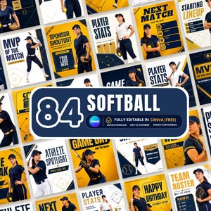 May include: A collection of 84 softball social media templates featuring navy blue and yellow color schemes. The designs include text such as Game Day, Player Stats, MVP of the Match, and Starting Lineup, alongside imagery of softball players.