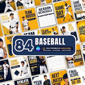 Könnte beinhalten: Eine Sammlung von 84 Social-Media-Vorlagen zum Thema Baseball in den Farben Marineblau und Gelb. Die Designs enthalten Texte wie Game Day, Team Roster, Final Score und Season Schedule sowie Abbildungen von Baseballspielern.