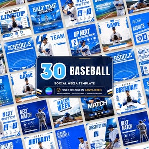 Può includere: Una collezione di 30 modelli per social media a tema baseball con schemi di colori blu e bianco, varie foto d'azione di giocatori di baseball e sovrapposizioni di testo tra cui Match Week, Starting Lineup, Half Time Updates e MVP.