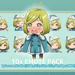 Könnte beinhalten: Ein digitales Kunstpaket mit einem Cartoon-Charakter mit blonden Haaren und einer blauen Uniform. Das Paket enthält zehn Emotes mit verschiedenen Ausdrücken. Der Text auf dem Bild lautet "10x EMOTE PACK" und "By LevramStudio".