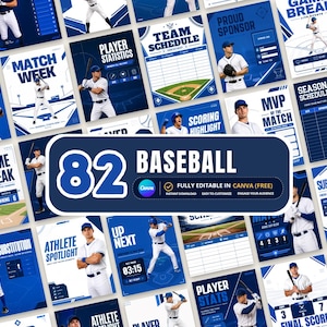 May include: A collection of 82 baseball-themed social media templates featuring blue and white designs with text such as Team Schedule, Player Statistics, and MVP of the Match, all displayed in a grid layout for digital editing in Canva.