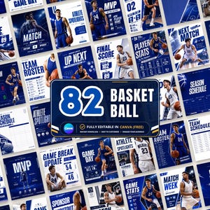 May include: A collection of blue and white basketball social media templates featuring various layouts for game days, player stats, rosters, and schedules. The central graphic displays the text 82 BASKET BALL and FULLY EDITABLE IN CANVA.