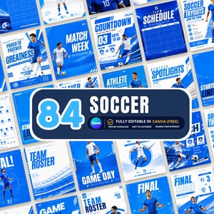 Puede incluir: Una colección de 84 plantillas de redes sociales sobre fútbol en tonos azules, con diversos diseños para días de partido, calendarios de equipo, perfiles de jugadores y alineaciones, totalmente editables en Canva con imágenes de futbolistas.