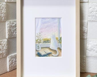 Original Oil Pastel Painting, White Cat Art, Window Cat, Framed Original, Waiting for Morning